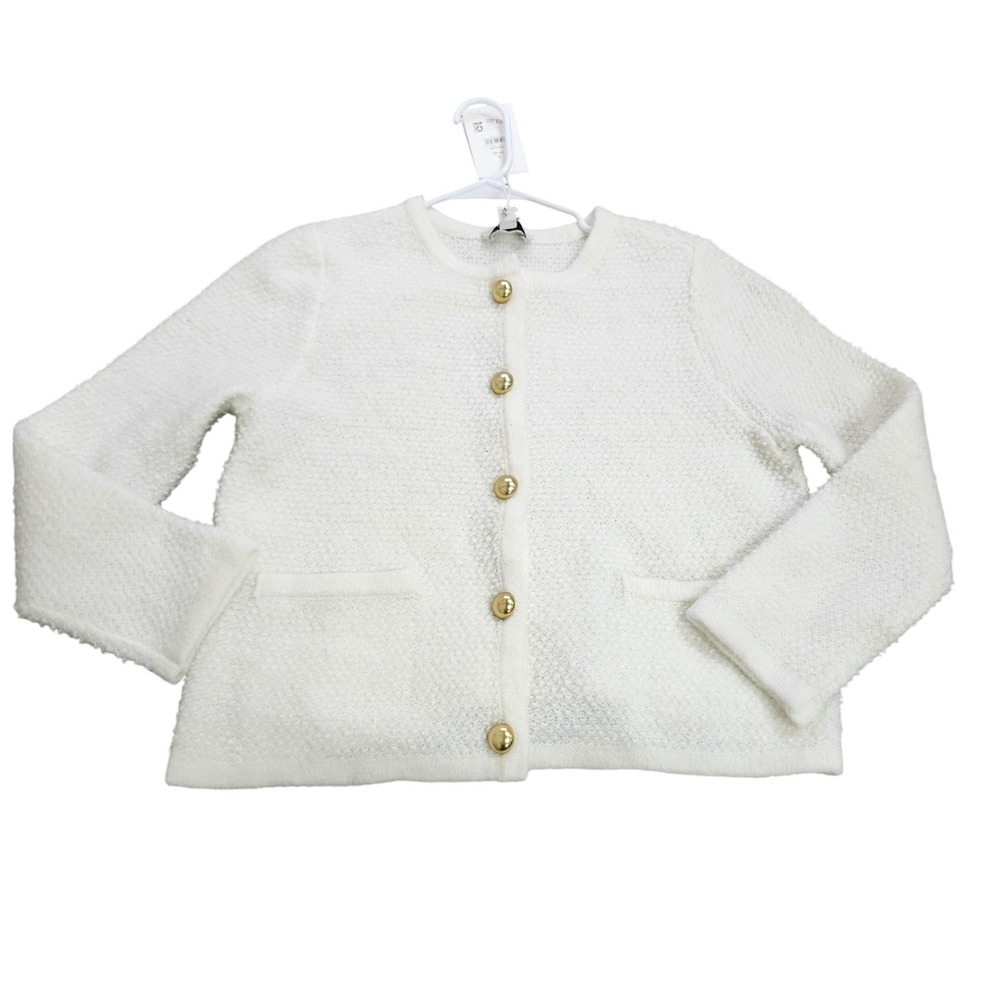 Free Assembly Sweater Girls S White Knit Button Front Cardigan Crew Neck Pockets